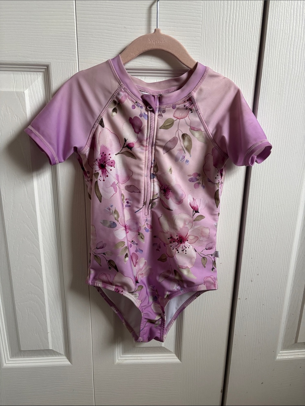 deux par deux Pink and Purple Floral Zip-Front Kids Rashguard One-Piece